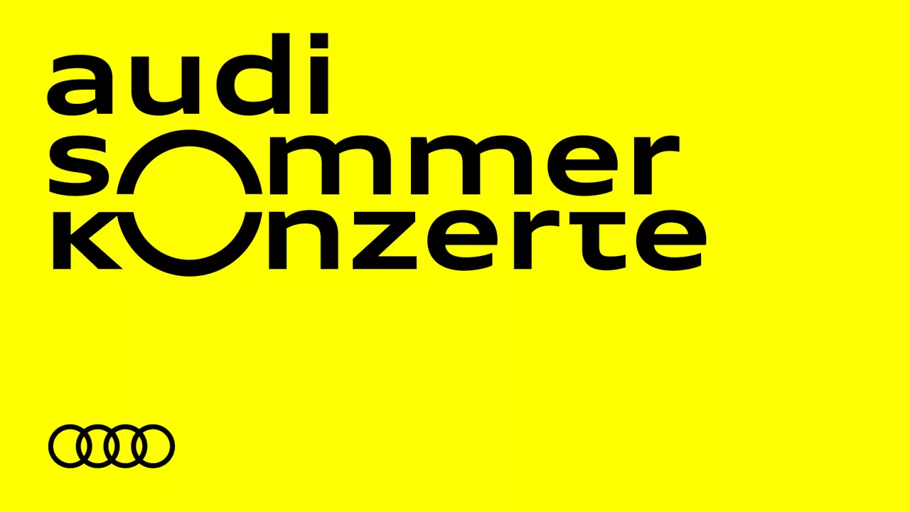 Schwarzer Schriftzug "Sommerkonzerte" auf gelbem Hintergrund mit schwarzem Audi Logo (4 Ringe)