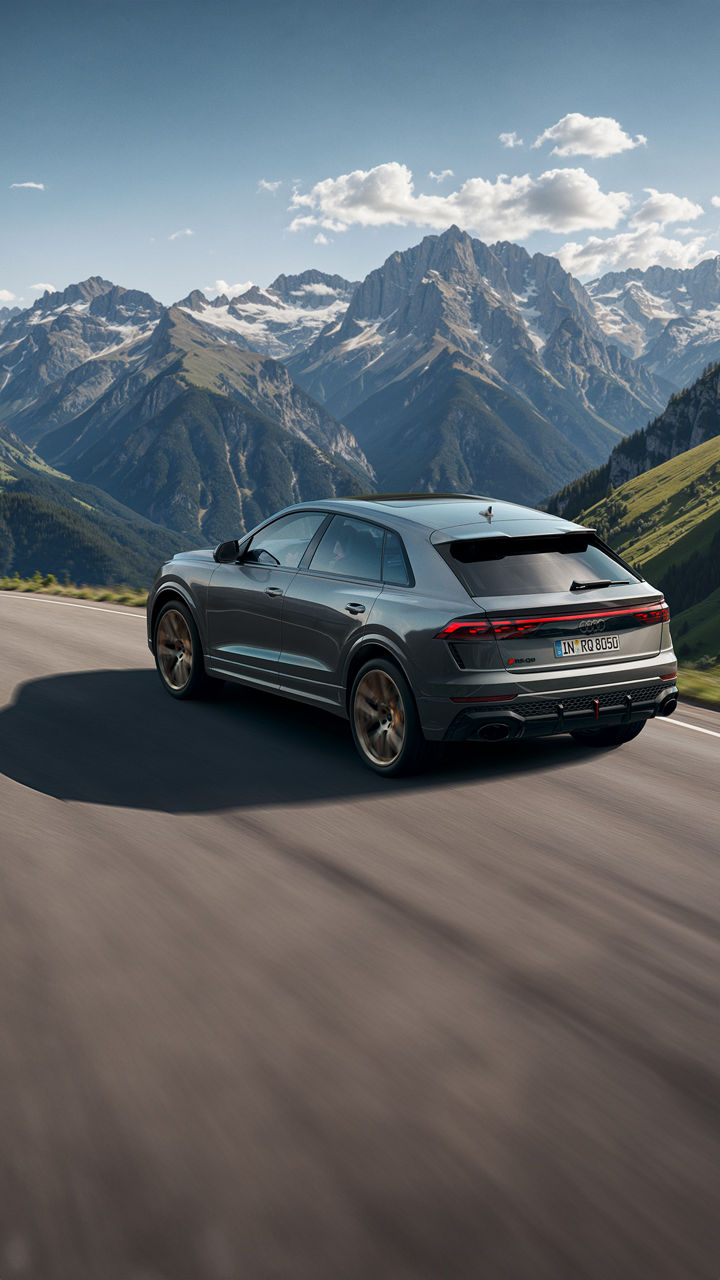 Audi RS Q8 SUV drives on a road in the mountains