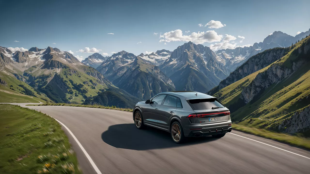 Audi RS Q8 SUV drives on a road in the mountains