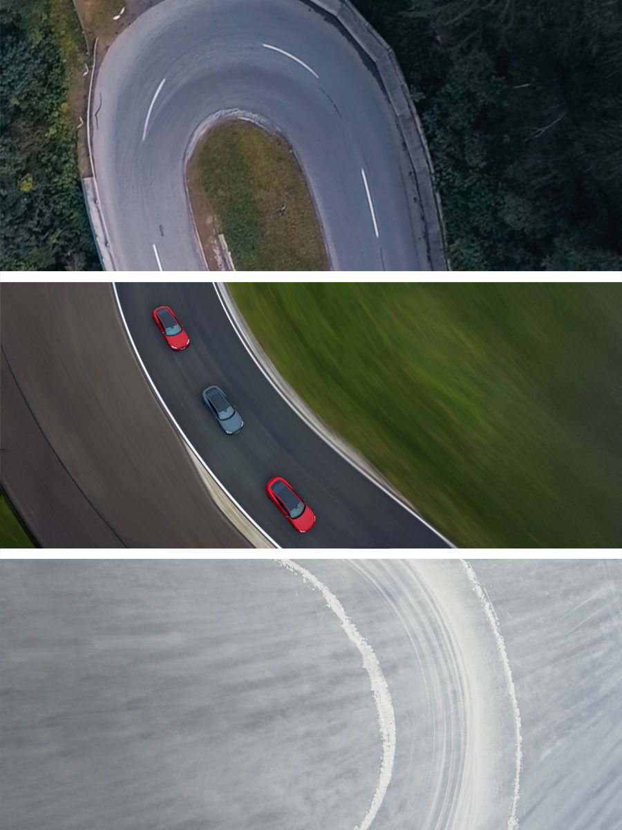 Drone recording of three cornering maneuvers: country road, race track with three Audi vehicles and snow curve with drift tracks.