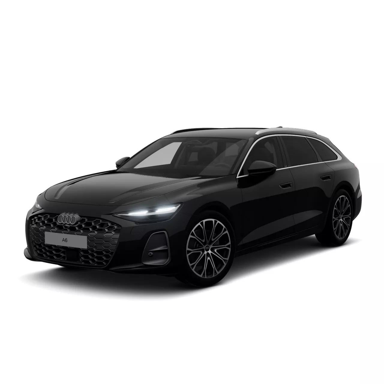 Schwarzer Audi A6 Avant schräg von vorn fotografiert.