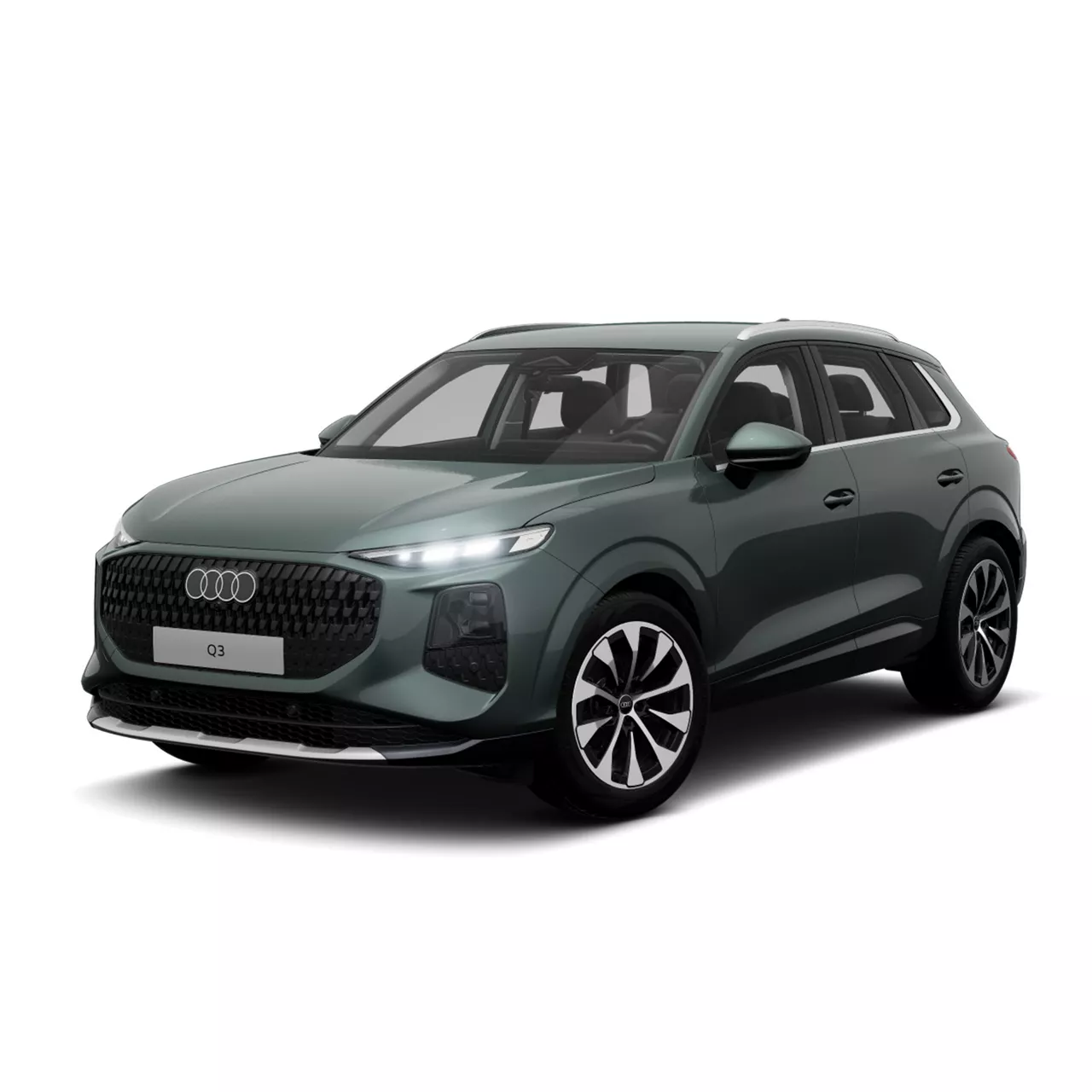 Weißer Audi Q3 SUV, schräg von vorne fotografiert, vor weißem Hintergrund.