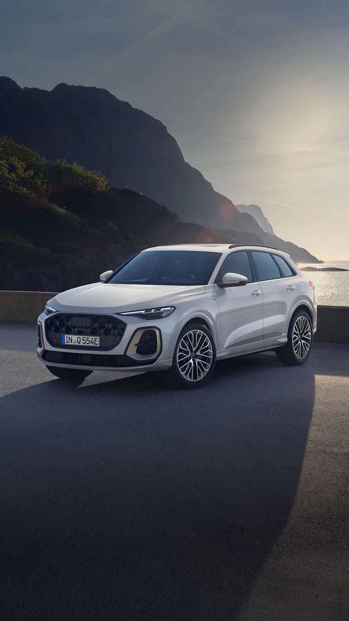Der neue Q5 SUV e-hybrid auf einem Parkplatz an der Küste bei sommerlichem Wetter.