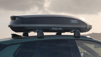 Audi Dachbox am Fahrzeug montiert vor sommerlichem Himmel.