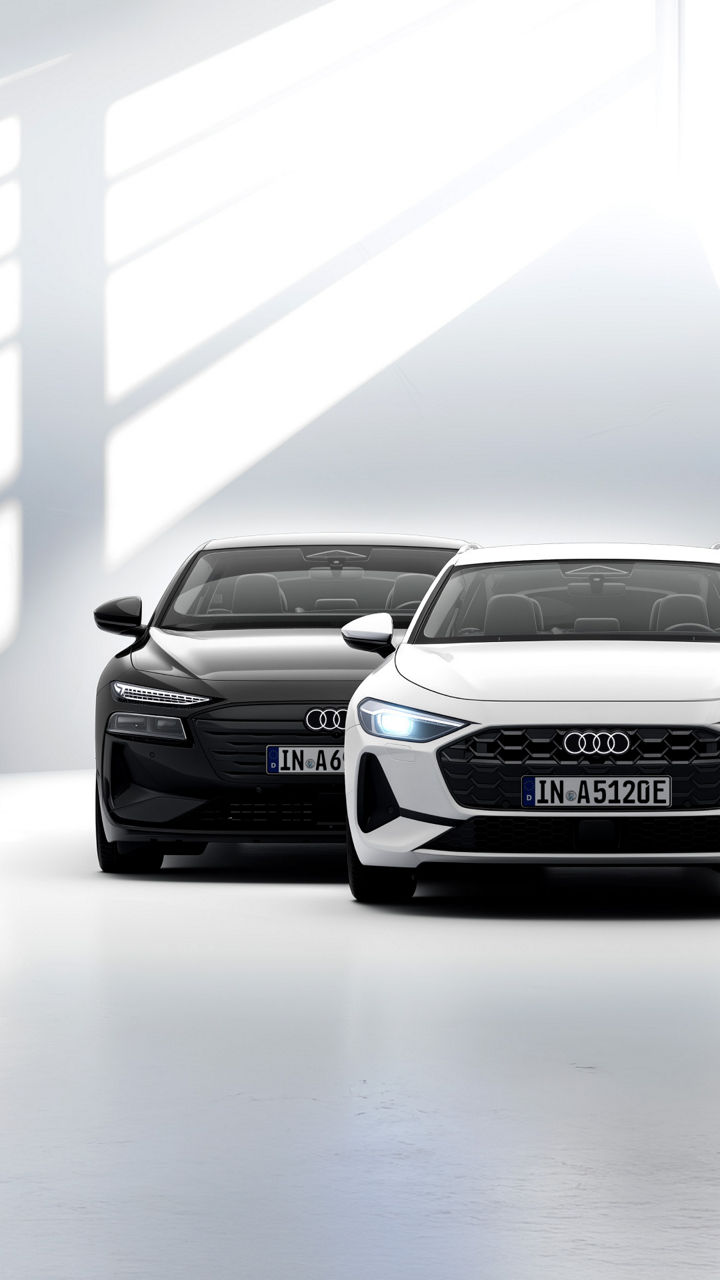 Frontalansicht eines weißen Audi A5 und eines schwarzen Audi A6 in heller lichtdurchfluteter Atmosphäre