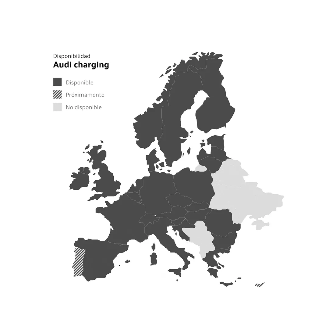 Foto del mapa de países europeos en los que se puede cargar un vehículo eléctrico Audi. 