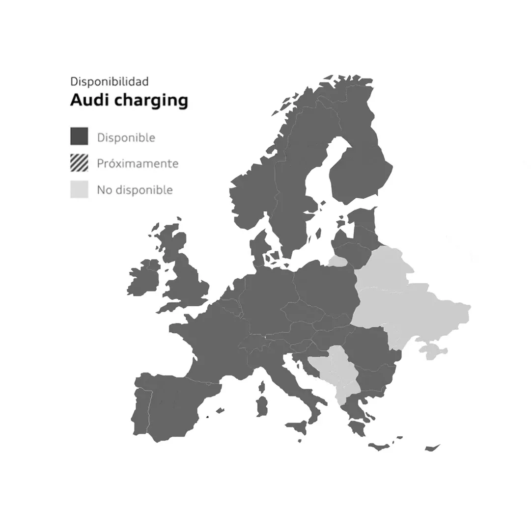Foto del mapa de países europeos en los que se puede cargar un vehículo eléctrico Audi. 