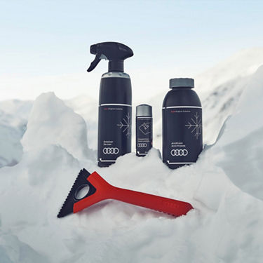 Foto de un kit de productos de invierno de Audi que incluye anticongelante, descongelante rasqueta y abrillantador. 