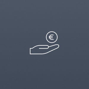 A minimalist illustration of an outstretched hand holding a Euro coin. The image conveys themes of finance, giving, or receiving money on a light grey background.