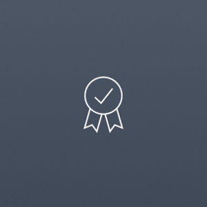 A minimalist badge icon shows a circular emblem with a check mark inside and two ribbon tails below, symbolising approval or certification on a pale grey background.