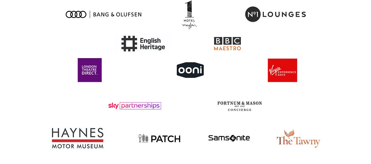  Logos of various companies including an audio equipment brand, a hotel, a lounge brand, a heritage organisation, and a media company.