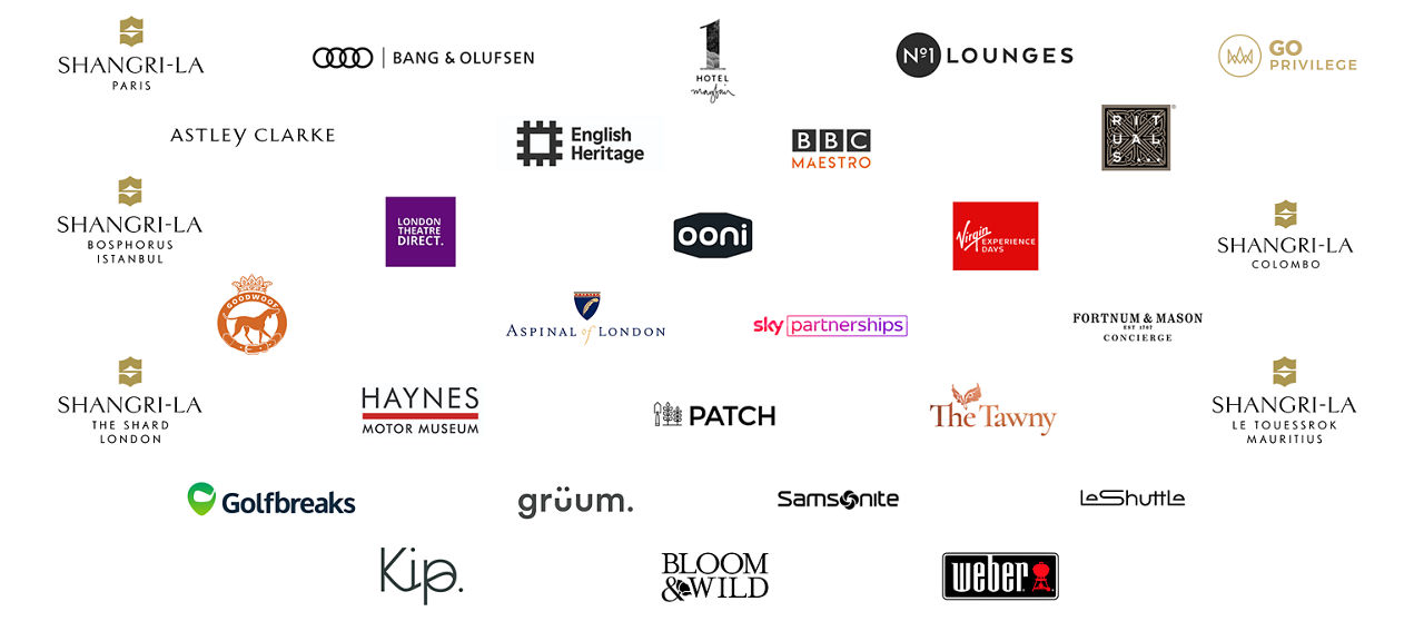  Logos of various companies including an audio equipment brand, a hotel, a lounge brand, a heritage organisation, and a media company.