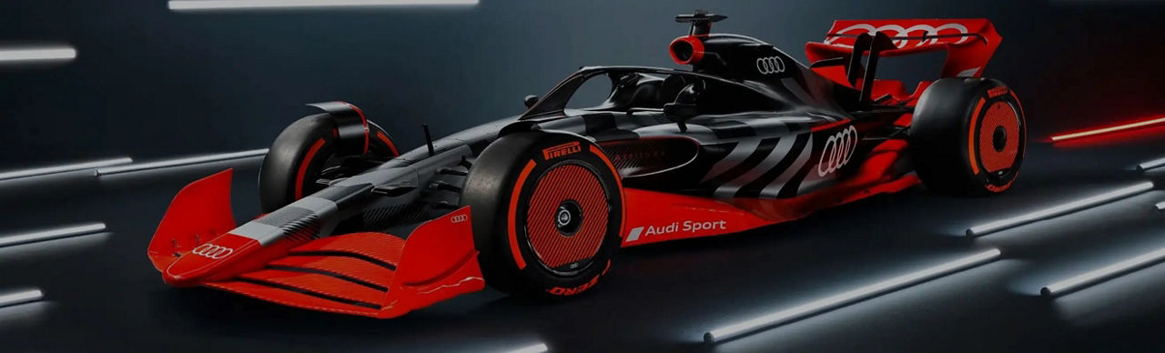 A red and black Audi F1 race car on a futuristic track with dynamic lighting
