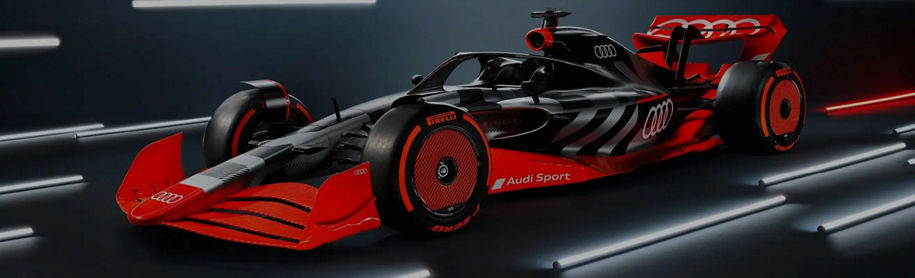 A red and black Audi F1 race car on a futuristic track with dynamic lighting