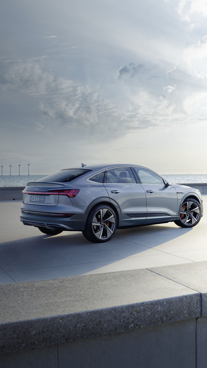 A silver Audi vehicle parked by the seaside with a woman looking toward the ocean