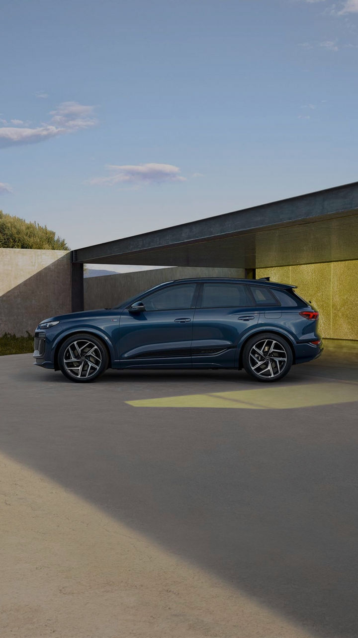 Left side view of a parked Audi vehicle in a daytime urban setting