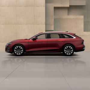 Dark red A6 Avant e-hybrid car with modern design features, set against a minimalist concrete background.
