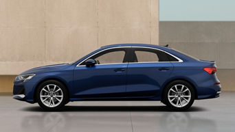 Blue A3 Saloon outside beige wall