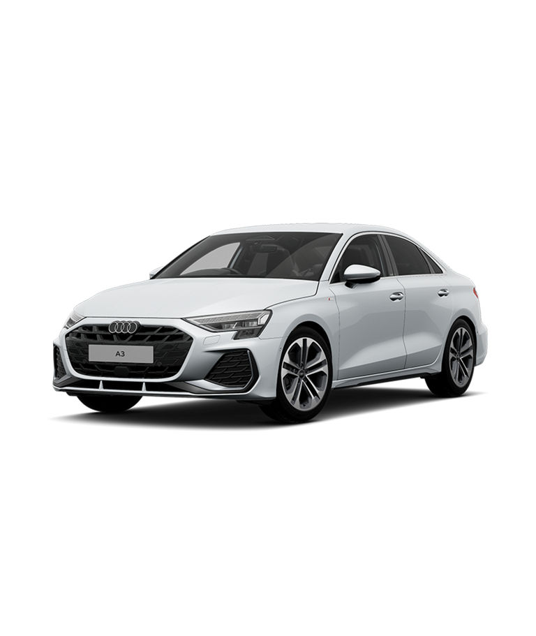 A silver Audi A3 Saloon S line trim on a plain white background.