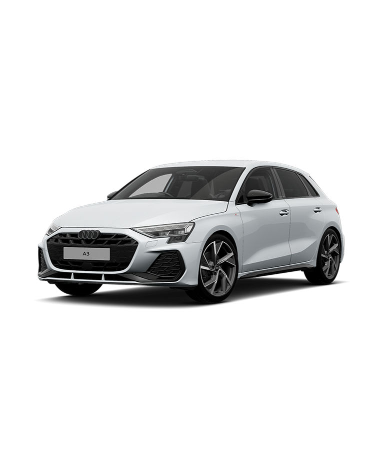 A white Audi A3 Sportback black edition trim on a plain background.