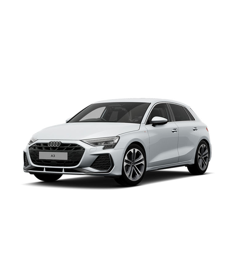 A white Audi A3 Sportback S line trim on a plain background.
