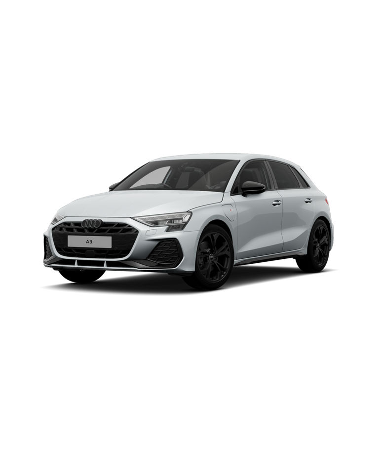 Front angled view of white Audi A3 with Black edition trim