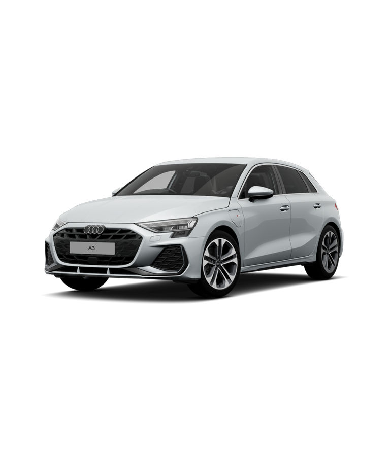 front angled view of white Audi A3 with S-line trim