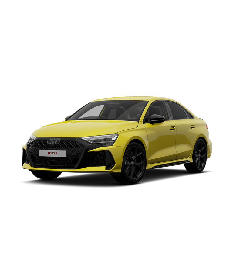A yellow Audi RS3 Saloon car with a black grille and wheels isolated on a white background.