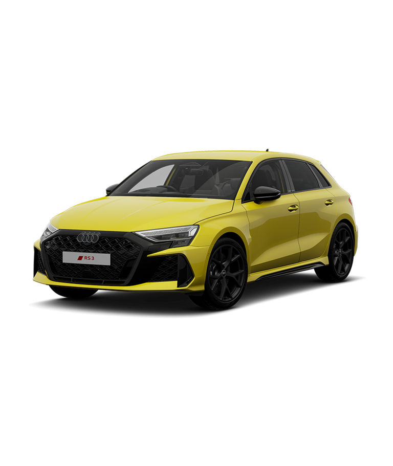 Yellow Audi RS3 car angled left on a transparent background.