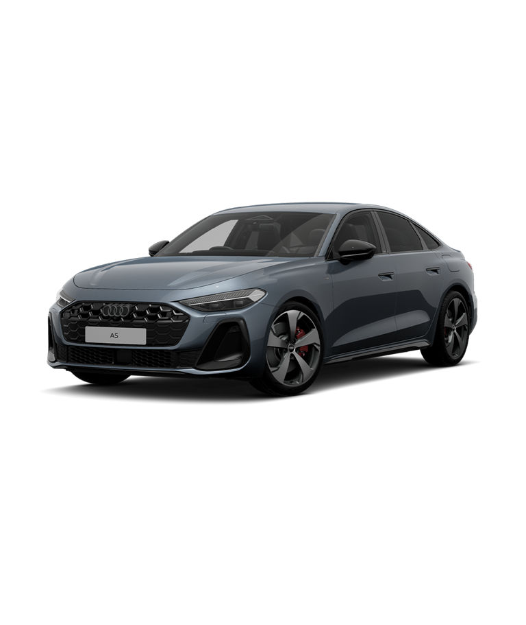 Grey Audi A5 Saloon e-hybrid on white background.