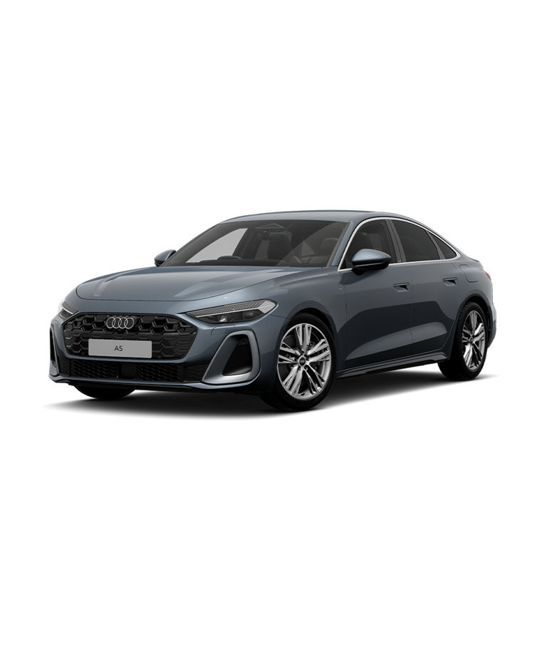 Grey Audi A5 Saloon e-hybrid on white background.