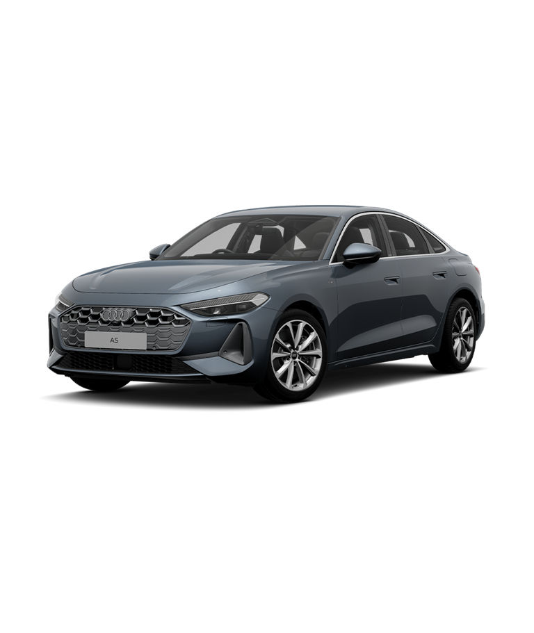 Grey Audi A5 Saloon e-hybrid on white background.