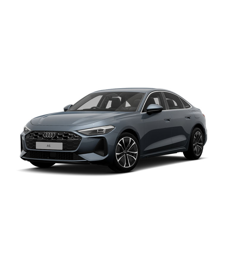 Grey Audi A5 Saloon e-hybrid on white background.