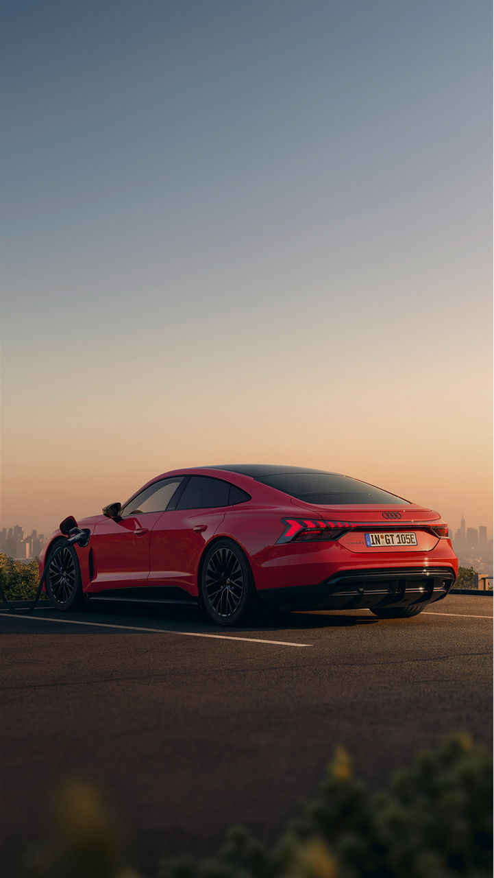 A red Audi e-tron GT quattro plugged in an EV charger with city view at the back