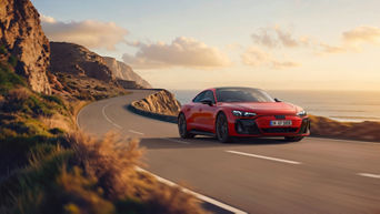 Red Audi e-tron GT quattro cruising on a curvy coastal road