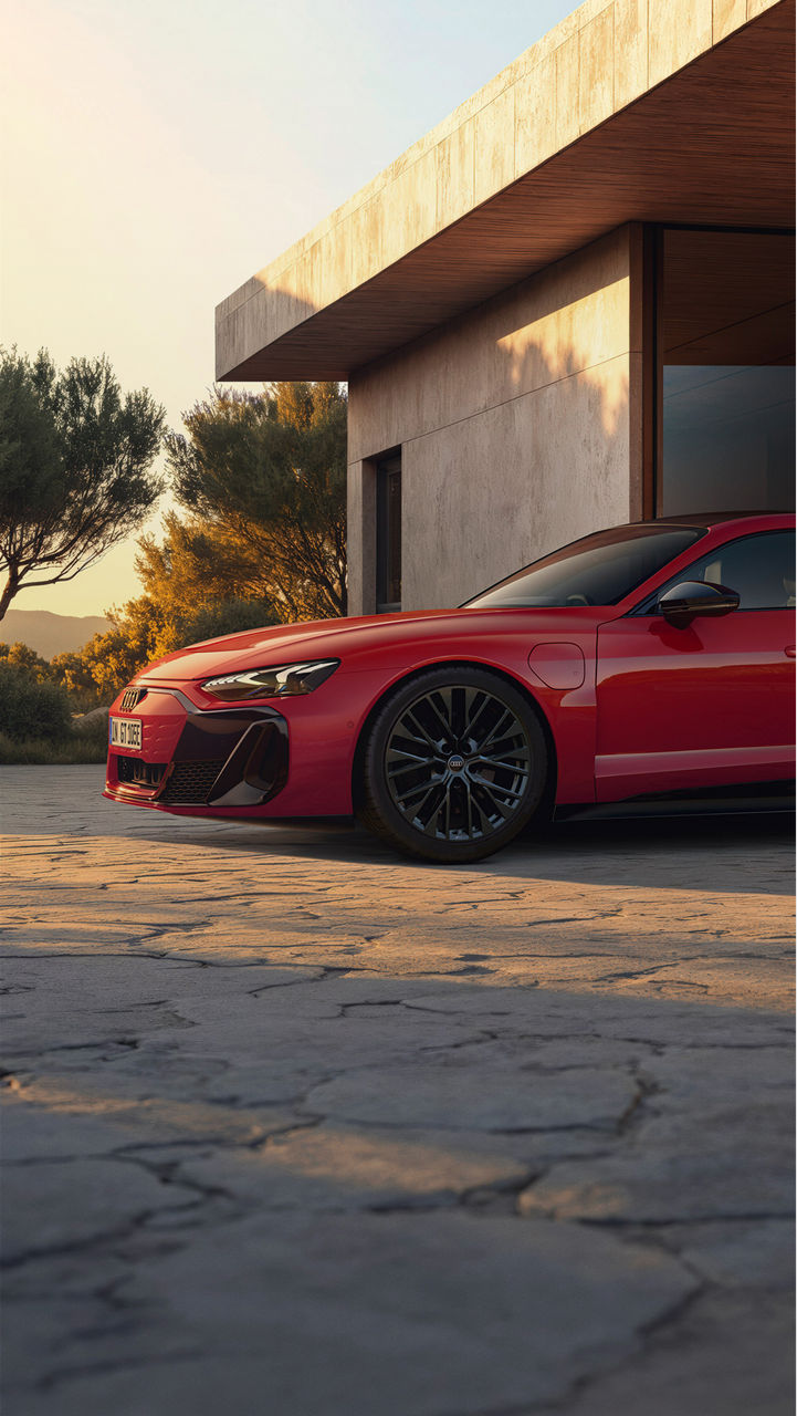 Red Audi e-tron GT quattro parked in front of a house with trees around