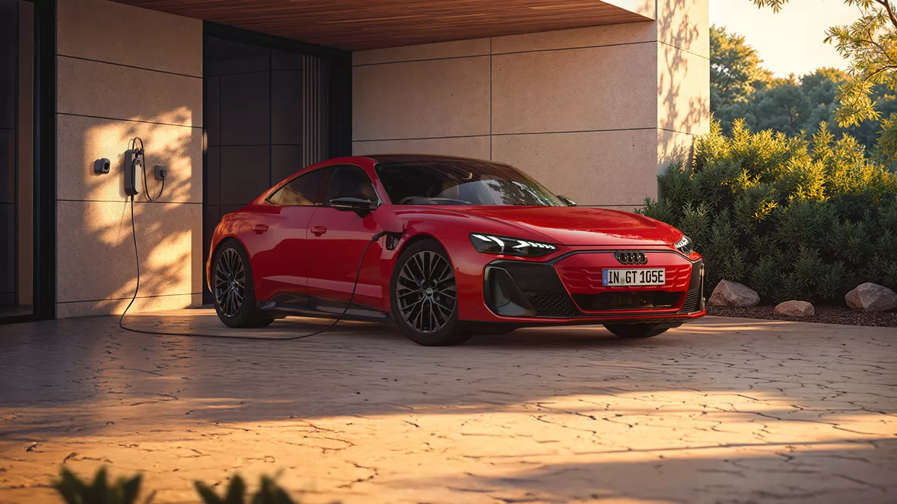Red Audi e-tron GT quattro parked in a house driveway next to an EV charger mounted on the wall