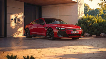Red Audi e-tron GT quattro parked in a house driveway next to an EV charger mounted on the wall
