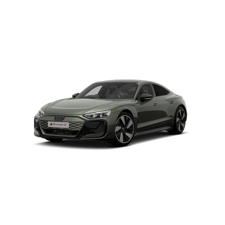 An Audi RS e-tron GT performance, showcased in a stylish green finish with a black roof and sporty design, parked at an angle.