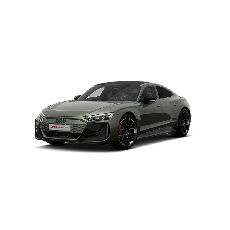 An Audi RS e-tron GT performance - Carbon Vorsprung, showcased in a stylish green finish with a black roof and sporty design, parked at an angle.