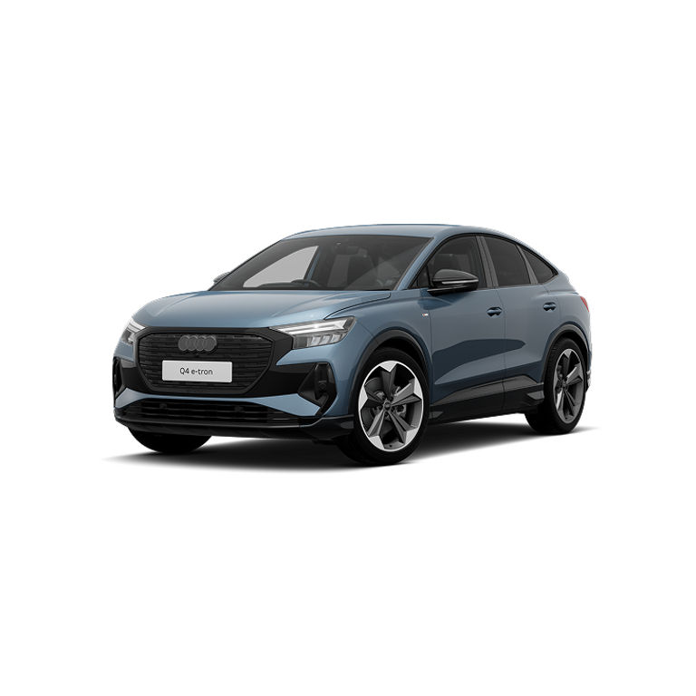 A blue Audi Q4 Sportback e-tron Black Edition, featuring a prominent front grille and stylish alloy wheels, parked at a slight angle.