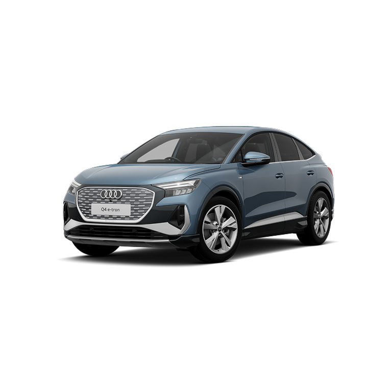 A blue Audi Q4 Sportback e-tron S line, featuring a prominent front grille and stylish alloy wheels, parked at a slight angle.