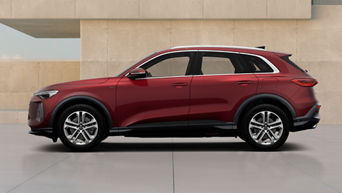 A red Q5 SUV e-hybrid parked against a textured beige backdrop, showcasing its modern design and sporty features from a side view.