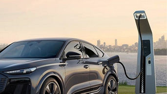 A sleek electric SUV charging at a modern station with a city skyline and sunset in the background.