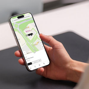 Close up of a phone screen showing a map from the myAudi app