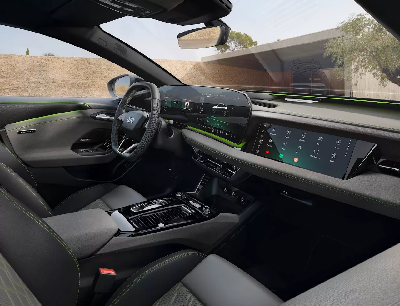 A6 e-tron interior and steering wheel from passenger side view