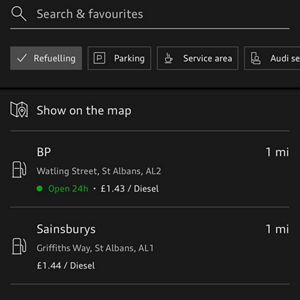 Fuel station listings display distances and prices: Shell at 694 ft, TotalEnergies 804 ft open 24h, and Welcome Break at 1 mi. Diesel prices vary.