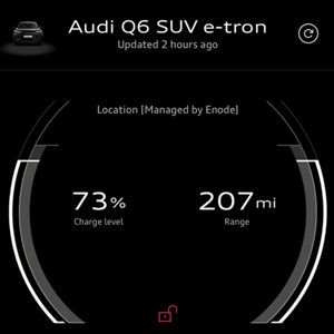 The range dial showing charge level and range in miles displayed on a dashboard screen in an Audi Q6 SUV e-tron
