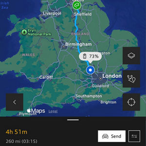 A map showing a driving route from London to Sheffield, passing Birmingham. The route is highlighted in blue, indicating 4 hours 51 minutes and 260 miles. A battery icon shows 73% charge remaining.