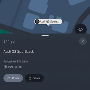 Map view showing a neighbourhood with curved roads and green areas. A marker indicates the location of an Audi Q3 Sportback, with 12% fuel remaining.